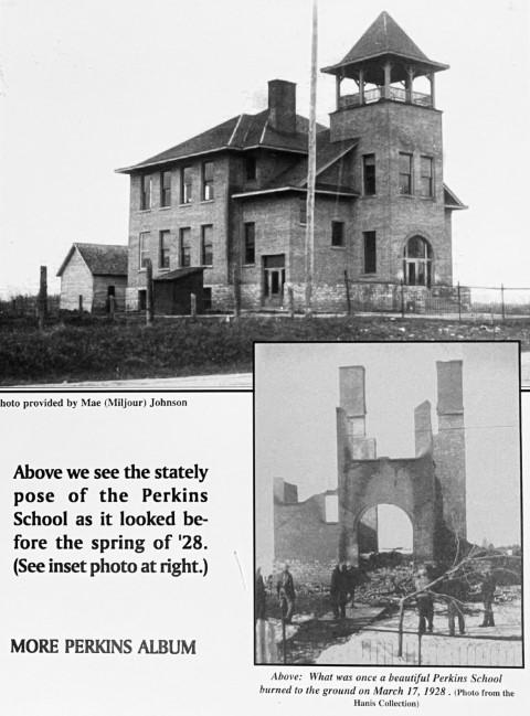 Photo provided by May (Miljour) Johnson. Above we see the stately pose of the Perkins School as it looked before the spring of '28. (See inset photo at right.) More Perkins Album. Above: What was once a beautiful Perkins School burned to the ground on March 17, 1928. (Photo from the Hanis Collection)