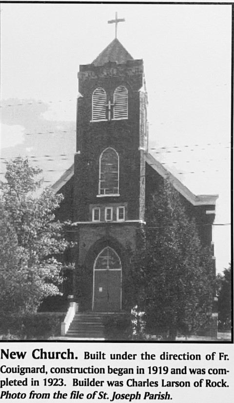 New Church. Built under the direction of Fr. Couignard, construction began in 1919 and was completed in 1923. Builder was Charles Larson of Rock. Photo from the file of St. Joseph Parish.